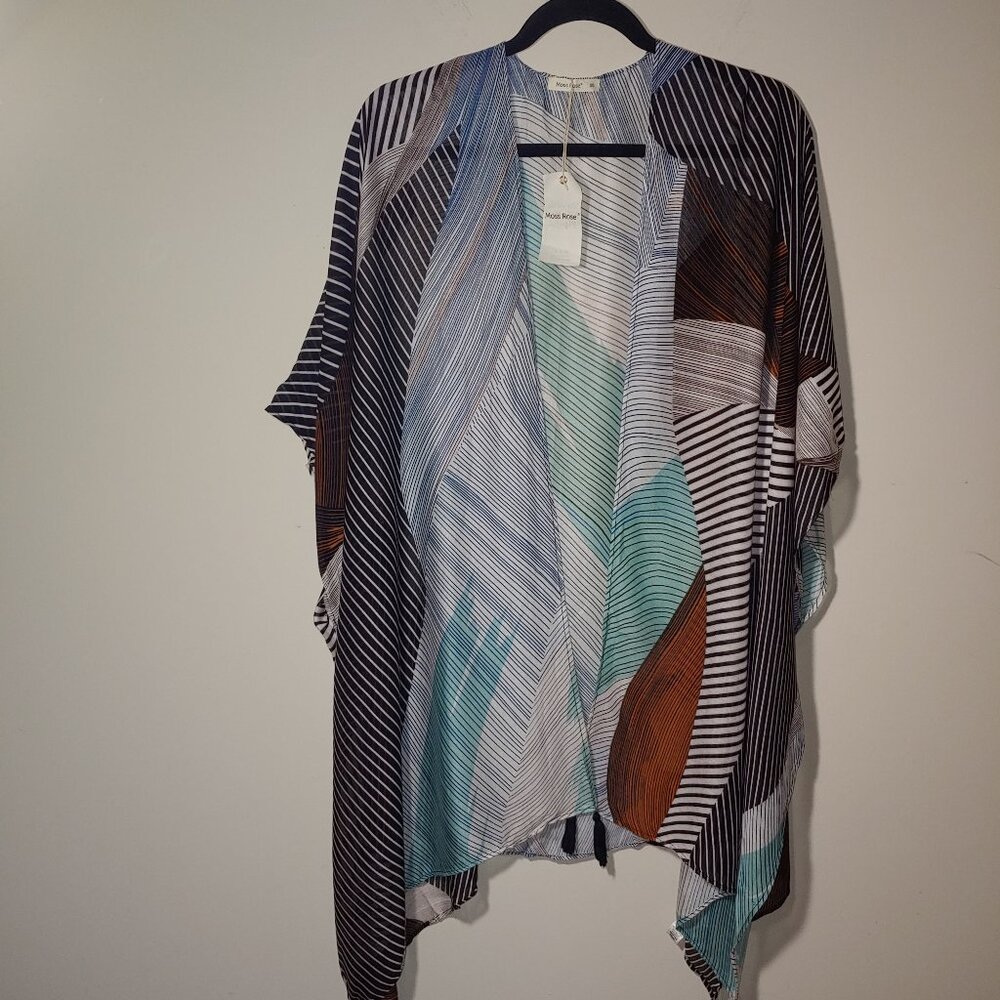 Moss Rose Abstract Stripes Tasseled Beach Cover Up OS Green